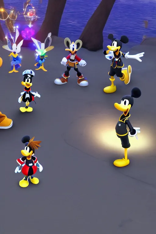 Image similar to screenshot of kingdom hearts 3, Disney and final fantasy crossover, donald duck and goofy npc characters, Kingdom hearts styled gameplay, unreal engine 4, kingdom hearts 3, kingdom hearts, cartoony lighting, disneyworld at kingdom hearts, Disney inspired setting with Sora and Donald in the scene, image of an action adventure rpg, magical fantasy l, artstationHD, stunning pixar graphics, rtx on, sharp focus