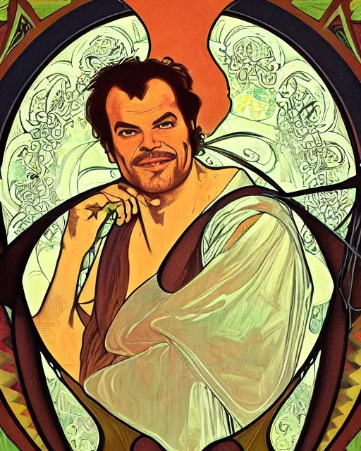 Prompt: a portrait painting of ( ( ( jack nicholson ) ) ) in the style of alphonse mucha!!!