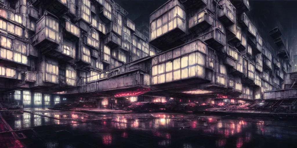 Image similar to concept art, octane render, a brooding, decrepit dystopian city, reflections, volumetric neon lighting, dramatic, white neon glow, 8 k, ultra - hd, insanely detailed and intricate, hypermaximalist, brutalist habitat 6 7, elegant, ornate, by gerald brom, by syd mead, akihiko yoshida, doug chiang, cinematic