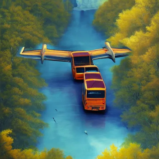 Prompt: a bus with airplane wings [ flying above a forest and lake ], [ oil painting ]!!, trending on cgsociety, 4 k