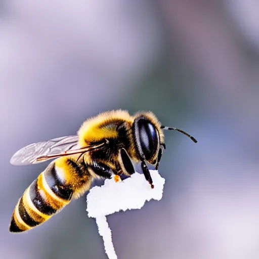 Image similar to a bee finding a beautiful snowflake flower, only snow in the background, beautiful macro photography, ambient light