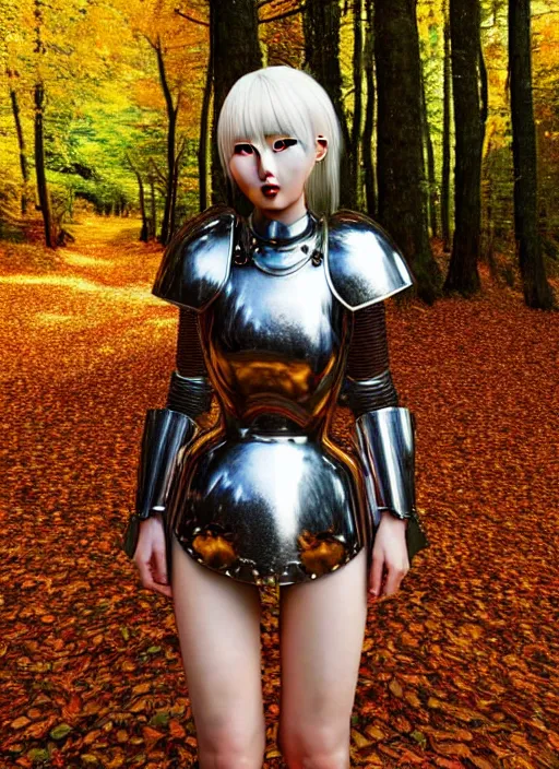 Prompt: a masterpiece hyperrealistic ultradetailed fullbody photograph of a lifelike real human anime girl wearing steel plate armor, autumn forest background, made by wlop, trending on artstation, face, actual person, k - pop, rough skin pores texture, photoreal image, desaturated, 3 d rendered, unreal engine 5, extremely detailed, sharp focus, 4 k