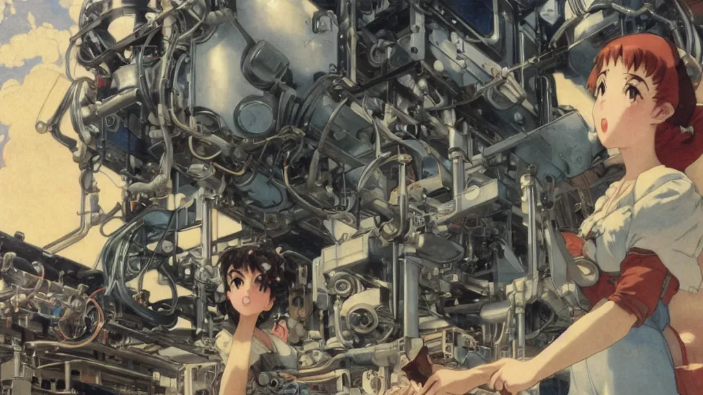 Prompt: a film still of a 1 9 5 0's mechanic anime girl working on a giant computer, finely detailed features, full body mid shot, perfect art, in the science laboratory, trending on pixiv fanbox, painted by gaston bussiere, makoto shinkai, akihiko yoshida, gaston bussiere, craig mullins, studio ghibli