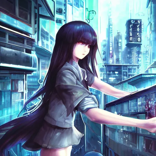 Image similar to dynamic composition, motion, ultra-detailed, incredibly detailed, a lot of details, amazing fine details and brush strokes, colorful and grayish palette, smooth, HD semirealistic anime CG concept art digital painting, watercolor oil painting of Clean and detailed post-cyberpunk sci-fi close-up schoolgirl in asian city in style of cytus and deemo, blue flame, relaxing, calm and mysterious vibes,, by a Chinese artist at ArtStation, by Huang Guangjian, Fenghua Zhong, Ruan Jia, Xin Jin and Wei Chang. Realistic artwork of a Chinese videogame, gradients, gentle an harmonic grayish colors. set in half-life 2, Matrix, GITS, Blade Runner, Neotokyo Source, Syndicate(2012), dynamic composition, beautiful with eerie vibes, very inspirational, very stylish, with gradients, surrealistic, dystopia, postapocalyptic vibes, depth of field, mist, rich cinematic atmosphere, perfect digital art, mystical journey in strange world