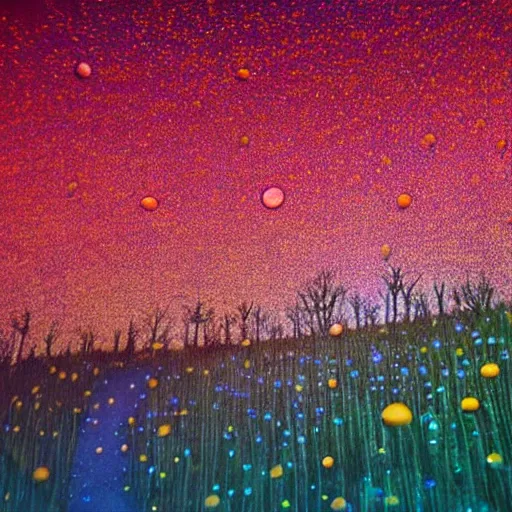 Image similar to field of beautiful luminescent pink and blue mycena fungi, emitting spore clouds, midnight, huge golden moon with small craters visible in night sky, hyperrealistic, detailed, soft lighting, fireflies