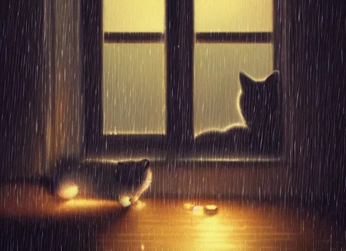 Prompt: cute cat sleeping in front of a window with a view of a rainy city, bokeh lights, dark sky, cozy indoor lighting, greg rutkowski, artstation, loish, alena aenami