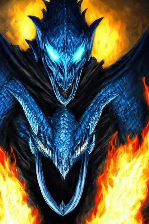 Image similar to a dark blue dragonborn with large tusks, half of his face flaming with blue flame, he wears a black dragon scales armor