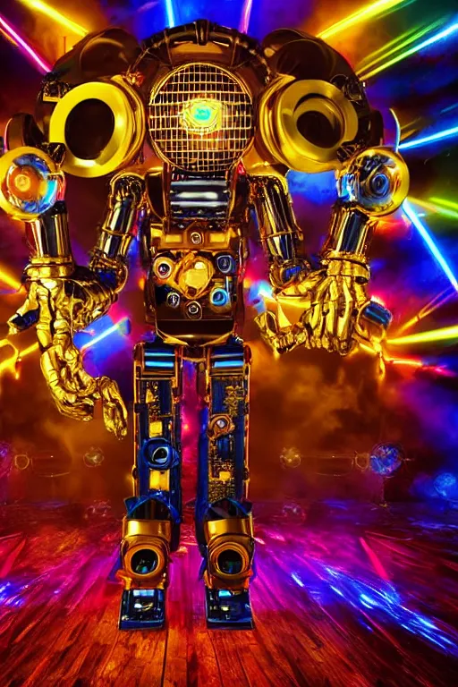 Prompt: portrait photo of a giant huge golden and blue metal humanoid steampunk robot dj with multicolored big gears and headphones, a red dj mixer, eyes are glowing red lightbulbs, shiny crisp finish, 3 d render, 8 k, insaneley detailed, fluorescent colors, background is multicolored lasershow