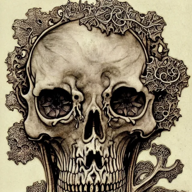 Image similar to memento mori by arthur rackham, art forms of nature by ernst haeckel, exquisitely detailed, art nouveau, gothic, ornately carved beautiful skull dominant, intricately carved antique bone, art nouveau botanicals, ornamental bone carvings, art forms of nature by ernst haeckel, horizontal symmetry, arthur rackham, ernst haeckel, symbolist, visionary