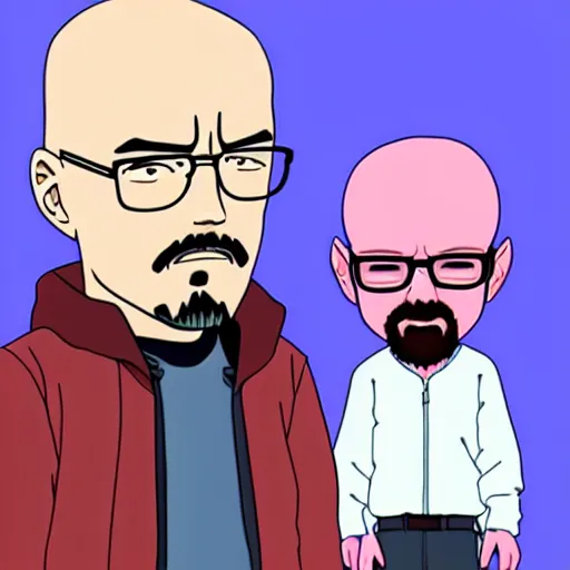 Image similar to jesse pink man and walter white in an anime, 4 k, anime style