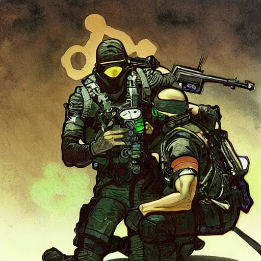 Image similar to blackops operator choking out a guard. rb6s, MGS, and splinter cell Concept art by James Gurney, Alphonso Mucha. Vivid color scheme.