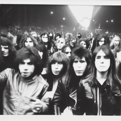 Image similar to 19-year-old girl wearing black leather jacket and denim jeans, New Wave of British Heavy Metal, 1983, Polaroid, crowd of longhairs, British flag, concert