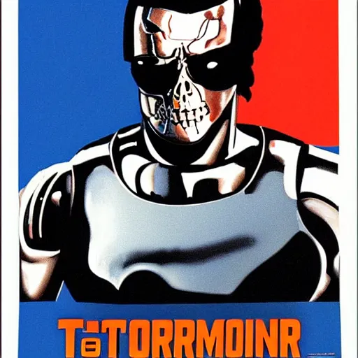 Prompt: T-800 Terminator, 1980s movie poster