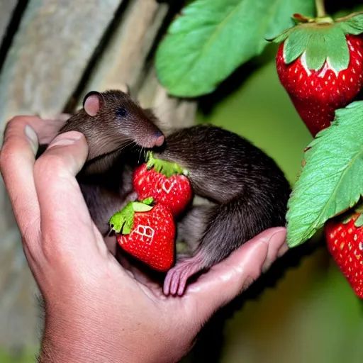 Prompt: photo of a blind marsupial mole eating strawberries-W 1024