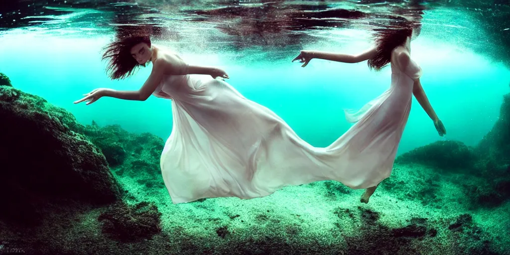 Image similar to underwater photography of beautiful model in flat dress by emmanuel lubezki