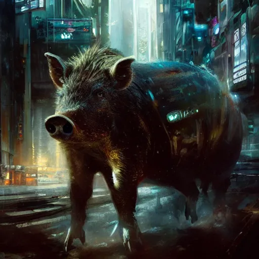 Prompt: a wild boar, painting by Raymond Swanland, cyberpunk, sci-fi cybernetic implants hq, Cadaques