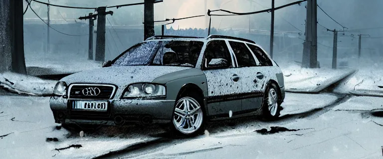 Image similar to Audi A4 B6 Avant (2002), a gritty neo-noir, dramatic lighting, cinematic, eerie person, death, homicide, homicide in the snow, viscera splattered, gunshots, bullet holes, establishing shot, extremely high detail, photorealistic, arson, cinematic lighting, artstation, by simon stalenhag, Max Payne (PC) (2001) winter New York at night, In the style of Max Payne 1 graphic novel, flashing lights, Poets of the Fall - Late Goodbye