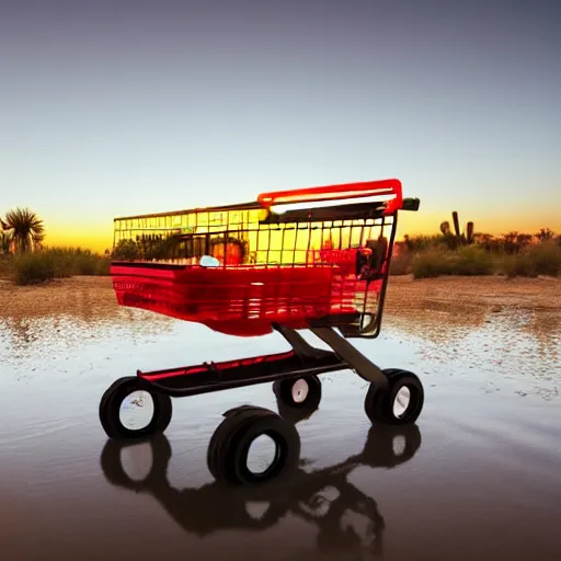 Image similar to 4 k hdr wide angle sony a 7 photo of a shopping cart with a boombox speaker inside half submerged in water in a desert oasis at sunset with neon lighting