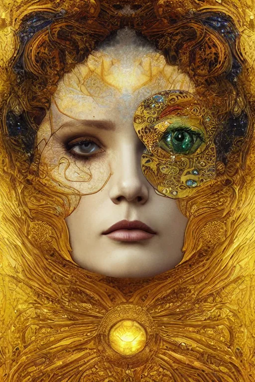 Image similar to Intermittent Chance of Chaos Muse by Karol Bak, Jean Deville, Gustav Klimt, and Vincent Van Gogh, beautiful surreal face portrait, enigma, destiny, fate, inspiration, muse, otherworldly, fractal structures, arcane, ornate gilded medieval icon, third eye, spirals