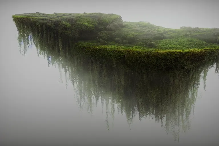 Prompt: mysterious fantastic floating island in the clouds, foggy, lush, dense vegetation, digital painting, octane render, artstation