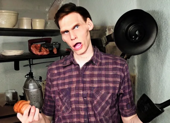 Image similar to jerma with a shocked expression towards the camera while he’s using a meat grinder in a dark basement