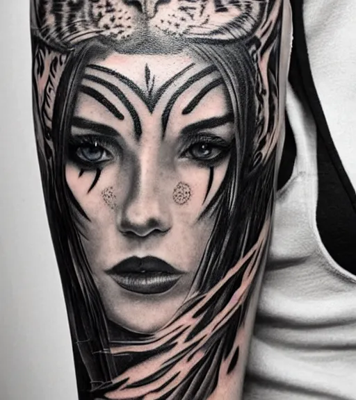 Image similar to tattoo design of a beautiful girl warrior under a tiger head, hyper realistic, realism tattoo, by eliot kohek, beautiful eyes, realistic face, black and white, white background