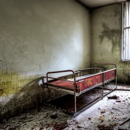 Prompt: high definition colour photo of a rusty old hospital bed in an abandoned hospital, real life photography, horror, biological photo, fullbody, dynamic lighting, beautiful