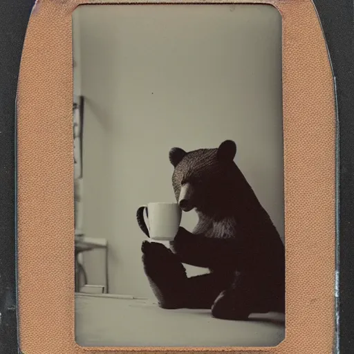 Image similar to a very beautiful old Polaroid picture of a bear drinking coffee inside a coffee shop, award winning photography, damaged