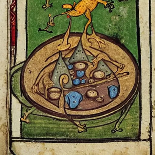 Prompt: A medieval illustration of a frog practicing alchemy, illuminated manuscript,