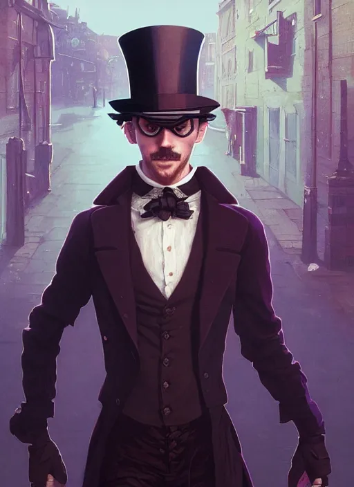 Image similar to highly detailed portrait of jack the ripper wearing goggles and a top hat, stephen bliss, unreal engine, greg rutkowski, loish, rhads, beeple, makoto shinkai and lois van baarle, ilya kuvshinov, rossdraws, tom bagshaw, tom whalen, alphonse mucha, global illumination, god rays, detailed and intricate environment