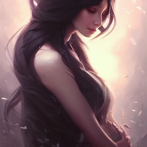 Prompt: a beautiful girl with long black hair, fantasy, portrait, sharp focus, intricate, elegant, digital painting, artstation, matte, highly detailed, concept art, illustration, ambient lighting, art by Rossdraws, artgerm, and Greg Rutkowski