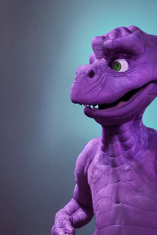 Image similar to barney the dinosaur in a dim purple lit room, melancholy, smoky, oil on canvas, intricate, portrait, 8 k highly professionally detailed, hdr, cgsociety