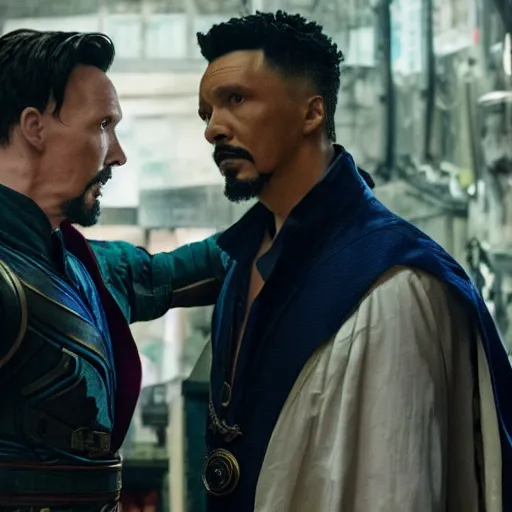 Prompt: still of dr. strange confronting moon knight, in avengers movie