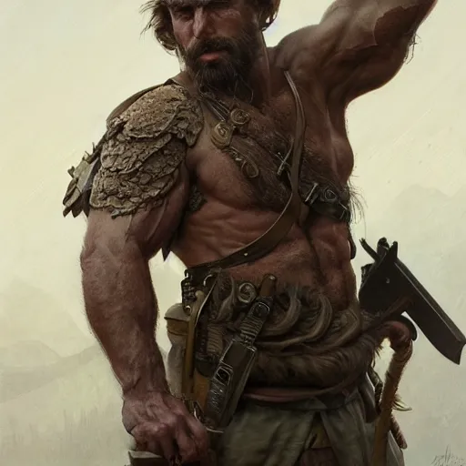 Image similar to portrait of a rugged ranger, muscular, upper body, hairy torso, D&D, fantasy, intricate, elegant, highly detailed, digital painting, artstation, concept art, smooth, sharp focus, illustration, art by artgerm and Greg Rutkowski and Alphonse Mucha