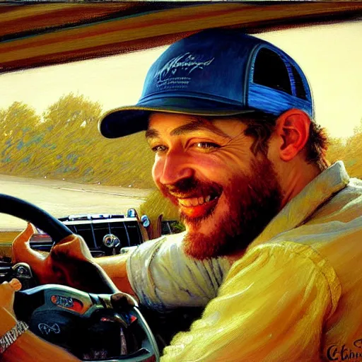 Prompt: beautiful painting of a truck driver sitting in his truck, interior, detailed face, happy smile, trucker hat, painting by gaston bussiere, craig mullins