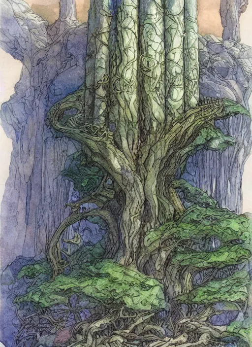 Image similar to pipe organ shaped like a tree, detailed fantasy watercolor comic style, subtle colors, by alan lee and john howe