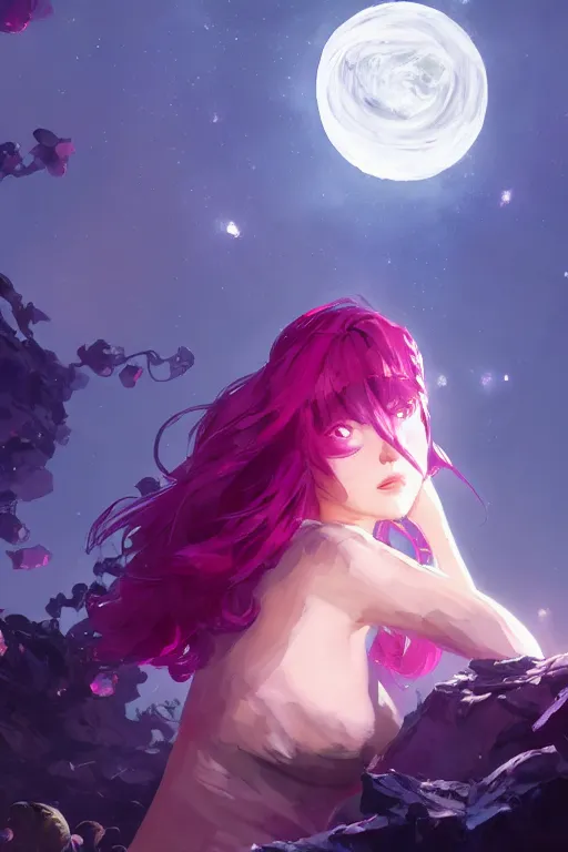 Prompt: A beautiful woman with medium magenta hair covering her face basking in the moonlight on an obsidian crystal bed below planets, tall tree, cinematic lighting, dramatic atmosphere, by Dustin Nguyen, Akihiko Yoshida, Greg Tocchini, Greg Rutkowski, Cliff Chiang, 4k resolution, trending on artstation