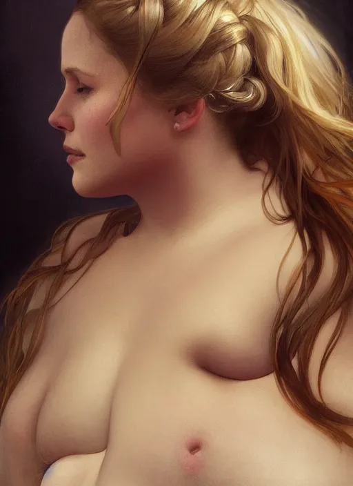 Image similar to beautiful portrait of fat chubby chonky jiggly thick kristen bell, soft features, by magali villeneuve and greg rutkowski and artgerm and alphonse mucha and jeremy lipkin and rob hay, intricate, elegant, highly detailed, photorealistic, trending on artstation, trending on cgsociety, 8 k, sharp focus