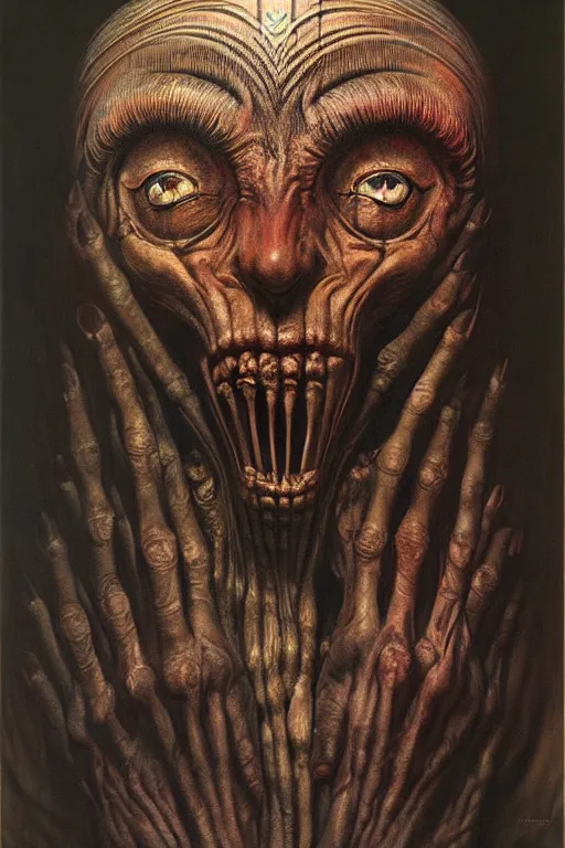 Prompt: hyper realistic painting of tribal mask by wayne barlowe, beksinski, hr giger, austin osman spare, bussiere, roberto ferri, rembrandt, luis ricardo falero, intrincate ornaments