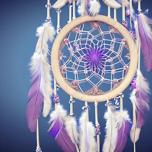 Image similar to a beautiful and intricate dreamcatcher made from bone and gnarled wood and blue and purple feathers, twisting, twirling, loops, hexagonal shapes, concept art, highly detailed, realistic, ornate, fine detail, 4k, octane render, vray, unreal engine