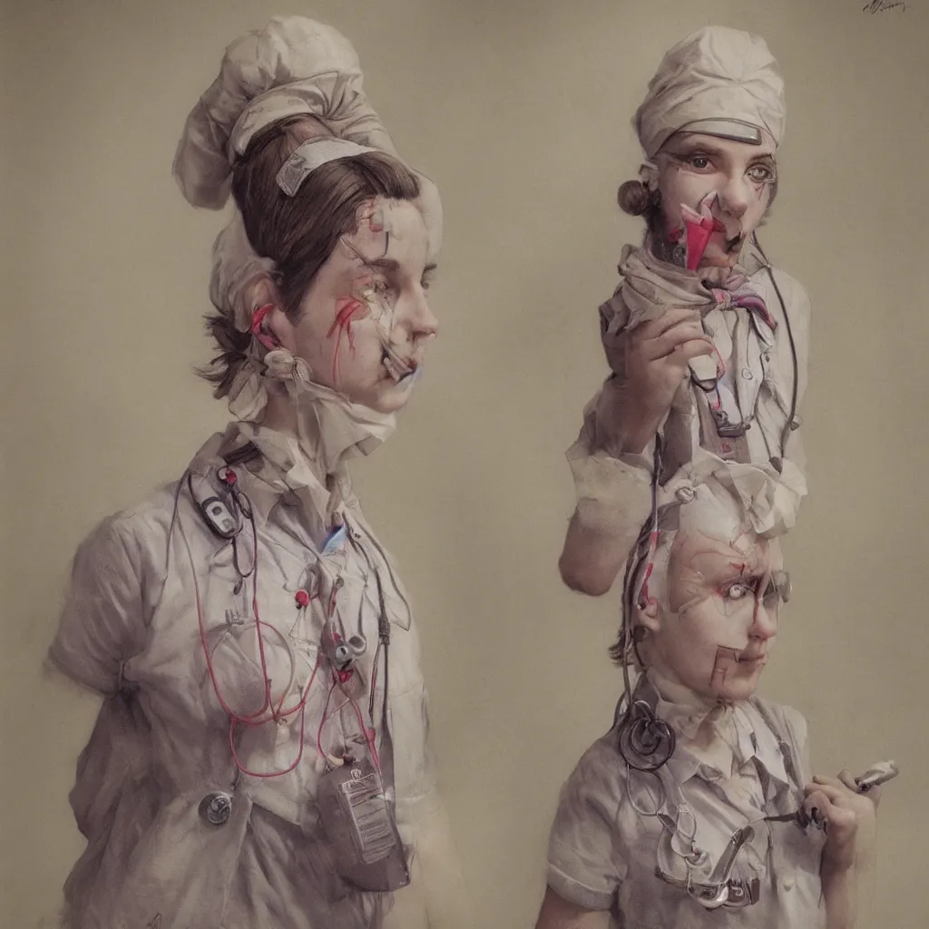 Image similar to clowncore pastel punk young hospital nurse wearing stylish uniform. detailed, portrait, 8 k, artwork by jean - baptiste monge