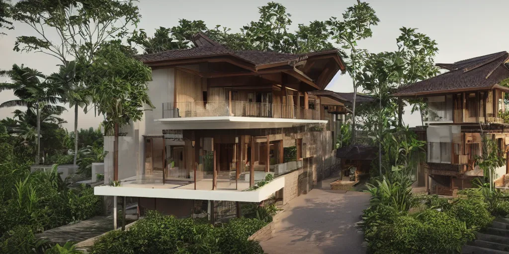 Image similar to 3d rendering of beautiful nature meets architecture concept of a residential house. balinese architecture, volumetric lighting, luxury, high detail, 14mm, cinematic photography, cg architects, high resolution