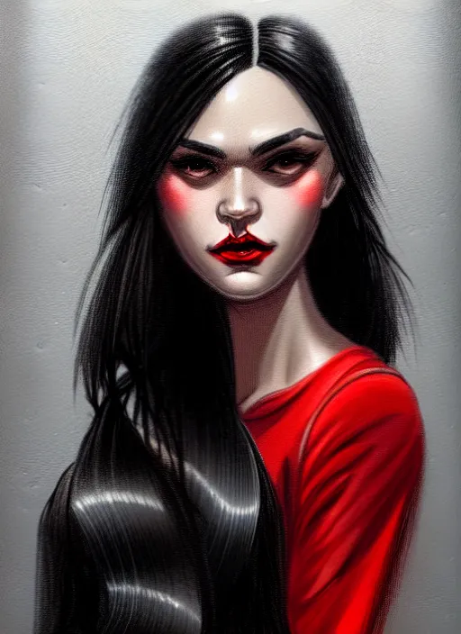 Image similar to portrait of vampire veronica lodge with bangs, vampire, long hair, red clothes, bangs, vampironica, intricate, elegant, glowing lights, highly detailed, digital painting, artstation, concept art, smooth, sharp focus, illustration, art by wlop, mars ravelo and greg rutkowski