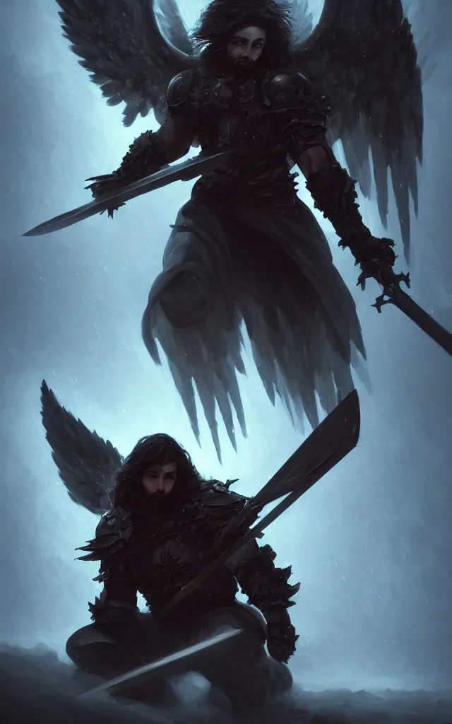 Prompt: dark blizzard art, portrait of fallen man angel kneeling with a sword and shield and wings, bokeh. dark art masterpiece artstation. 8k, sharp high quality illustration in style of Jose Daniel Cabrera Pena and Leonid Kozienko, concept art by Tooth Wu