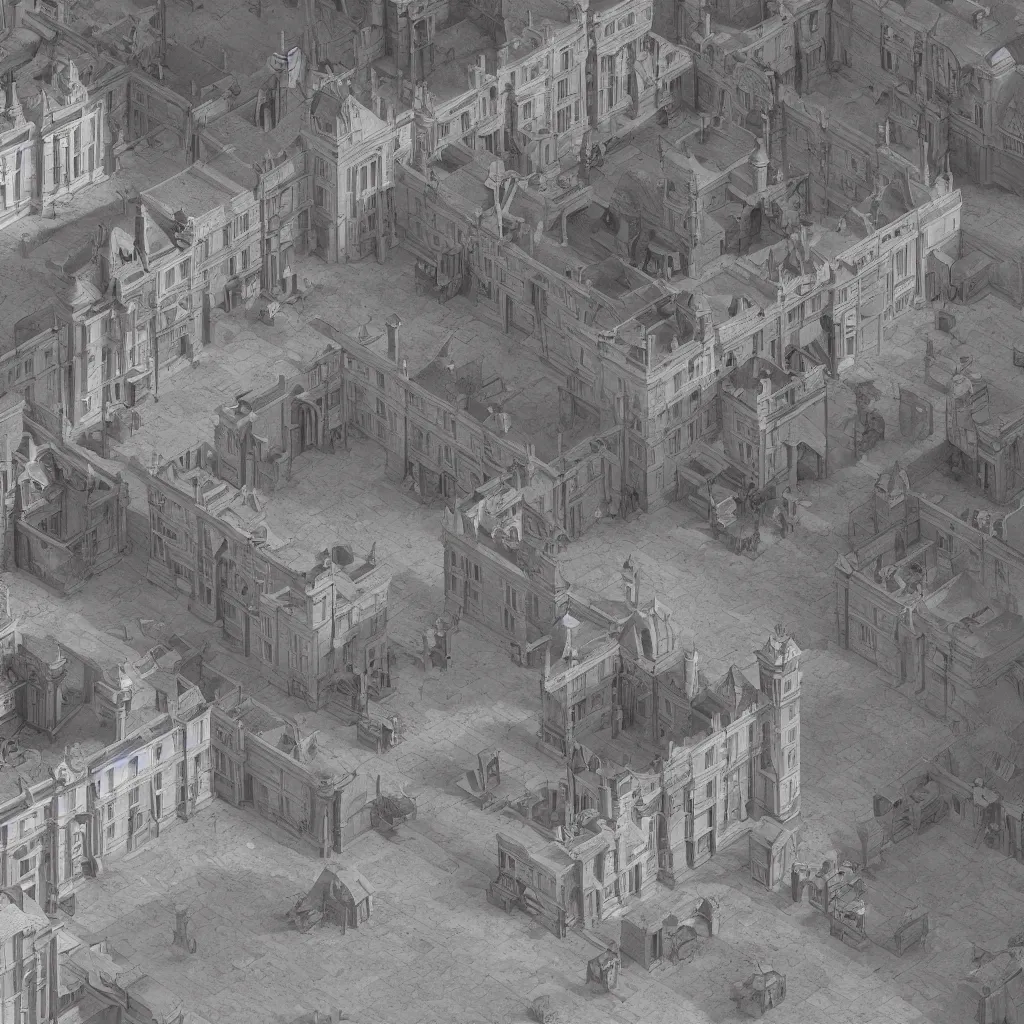 Prompt: an immaculate isometric octane redshift rendering of a 1800s Germain court at day in the royal palace littered. ambient occlusion. volumetric lighting.