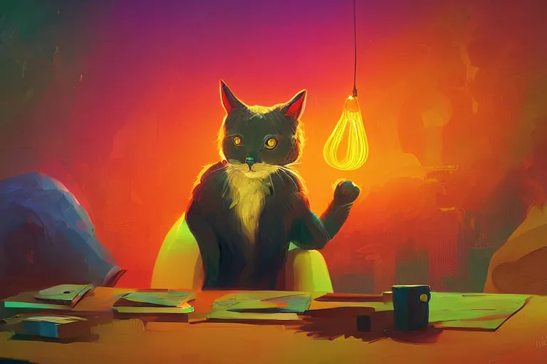 Image similar to a digital art of a godfather cat sitting by the desk, animal, light effect, highly detailed, by anton fadeev