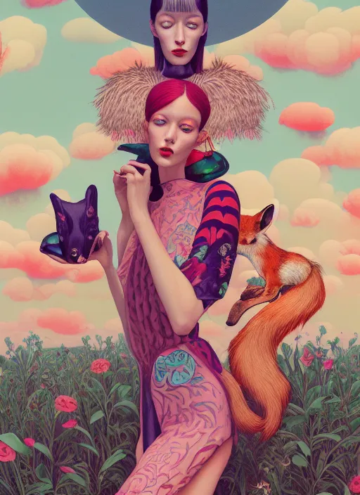 Image similar to pretty model with foxes : : by martine johanna and simon stalenhag and chie yoshii and casey weldon and wlop : : ornate, dynamic, particulate, rich colors, intricate, elegant, highly detailed, vogue, harper's bazaar art, fashion magazine, smooth, sharp focus, 8 k, octane render,