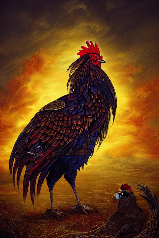 Image similar to a beautiful tarot card artwork of a rooster in armour, horror, backlit, gloomy sky, highly detailed, digital painting, intricate golden threads, by kevin siembieda, vivid colors, detailed shading, 8 k resolution, intricate, smooth