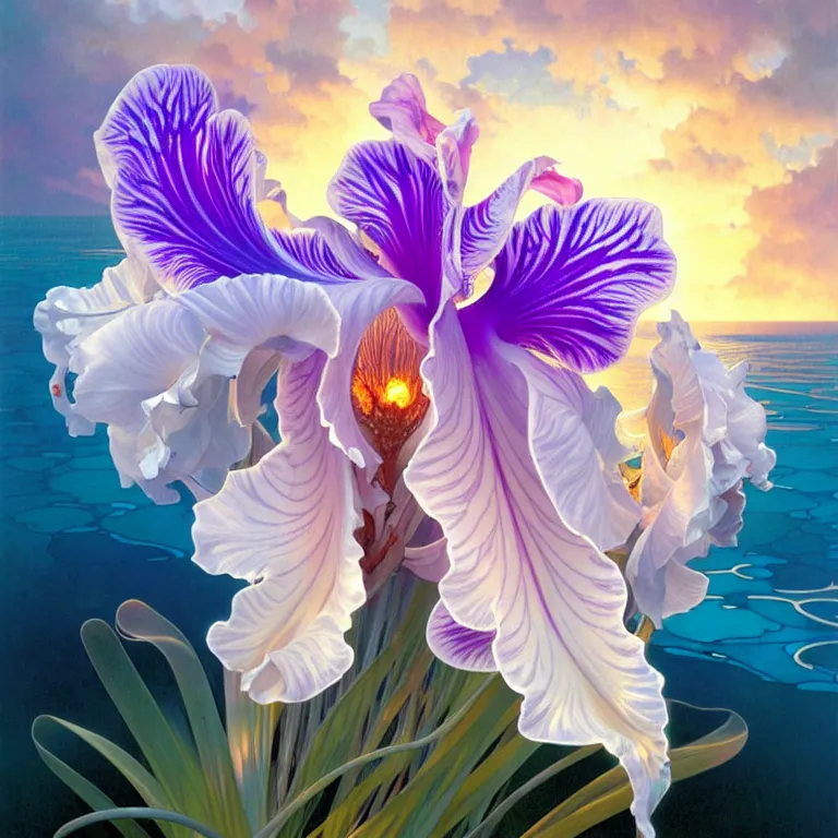 Image similar to detailed giant white holographic orchid iris hybrid flower surrounded by waves, lsd water, lsd ripples, droplets, backlit, sunset, refracted lighting, art by collier, albert aublet, krenz cushart, artem demura, alphonse mucha