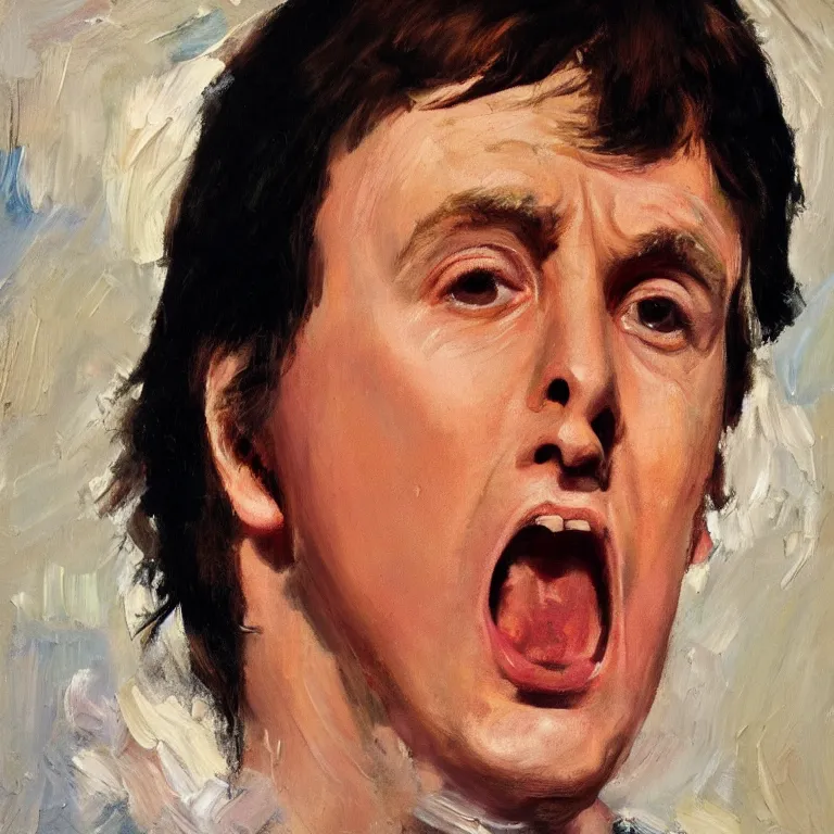 Image similar to warmly lit close up studio portrait of young furiously angry!! Paul McCartney in 1965 angrily singing, impasto oil painting thick brushstrokes by Lucian Freud and Cy Twombly and Tim Hawkinson , trending on artstation dramatic lighting Expressionism